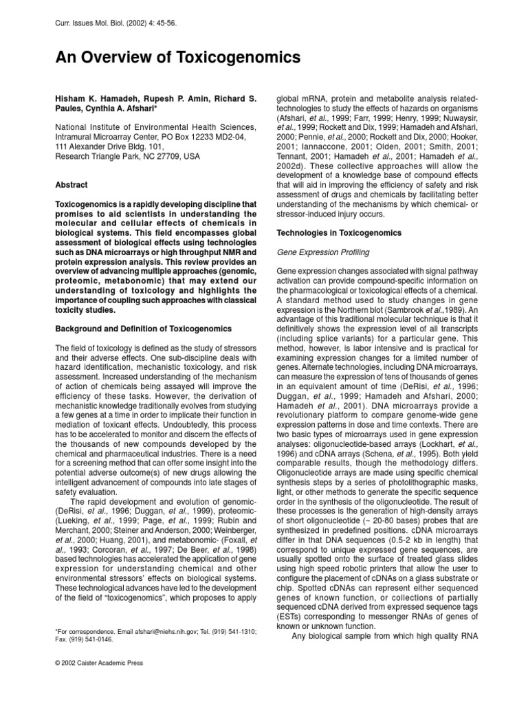 An Overview of Toxicogenomics: Curr. Issues Mol. Biol. (2002) 4: 45-56 ...