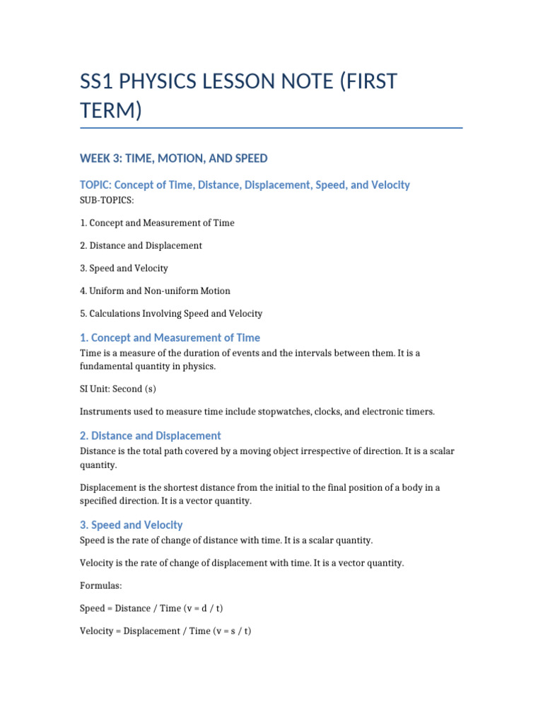 SS1 Physics Lesson Note Week3 | PDF | Speed | Velocity