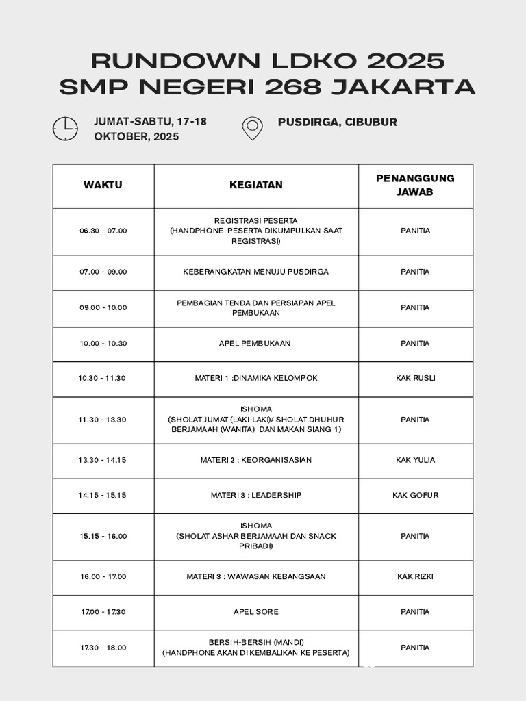 Rundown LDKO 2025 SMPN 268 Jakarta | PDF