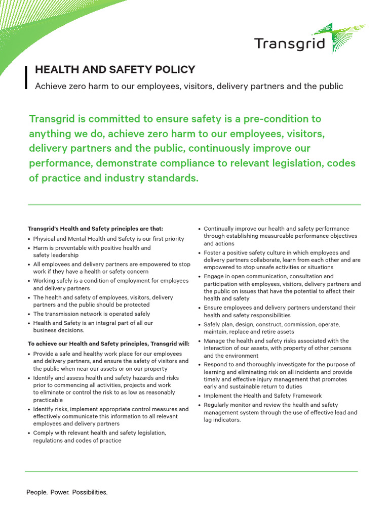 Transgrid Health and Safety Policy | PDF | Safety | Occupational Safety ...