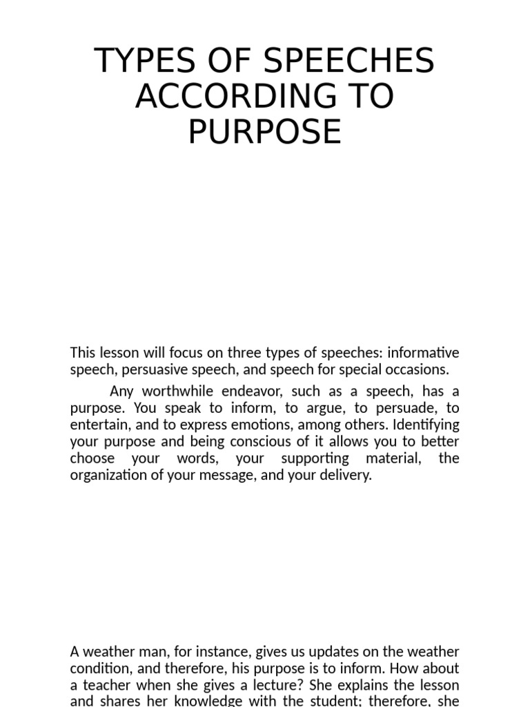 Types of Speeches by Purpose Explained | PDF | Public Speaking | Persuasion