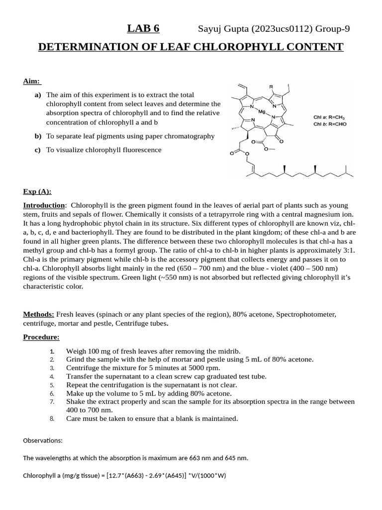 Chlorophyll Content and Pigment Analysis | PDF | Chlorophyll ...