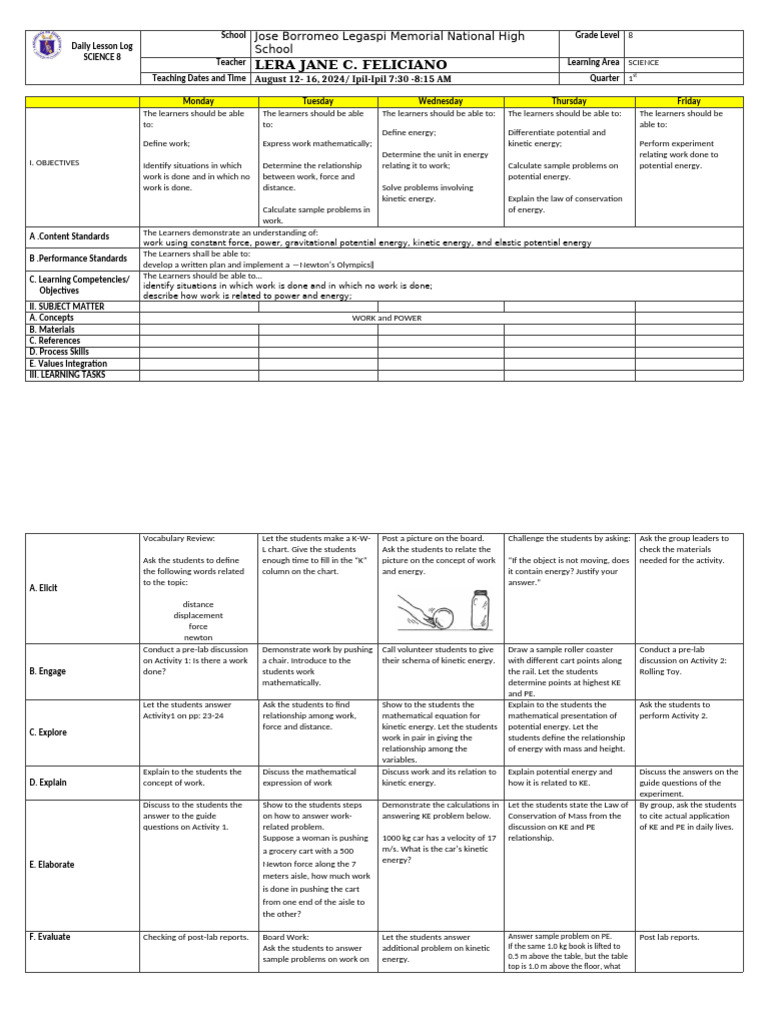 Science 8 Daily Lesson Log: Work & Energy | PDF | Potential Energy | Force