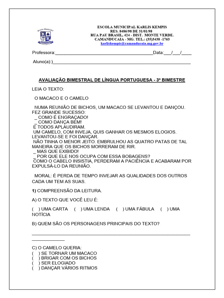 Avaliação de Língua Portuguesa 3º Bimestre | PDF | Sílaba
