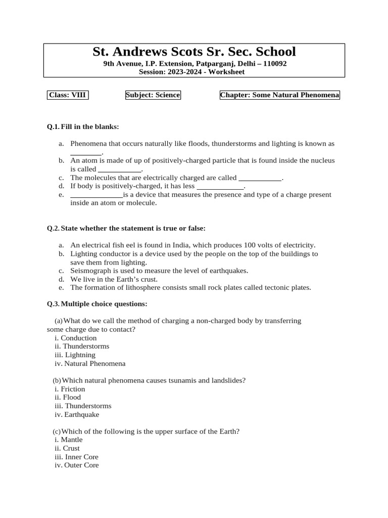 Science - L-15 Some Natural Phenomena Worksheet (VIII) 2023 | PDF ...