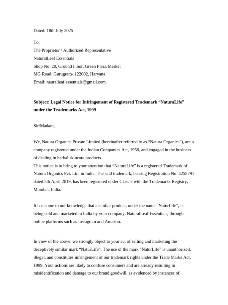 Trademark Infringement Notice: NaturaLife | PDF | Trademark | Trademark ...