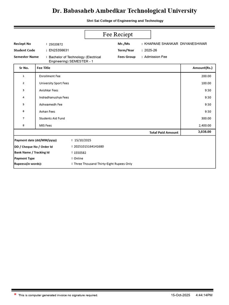 B.Tech Electrical Engineering Fee Receipt | PDF