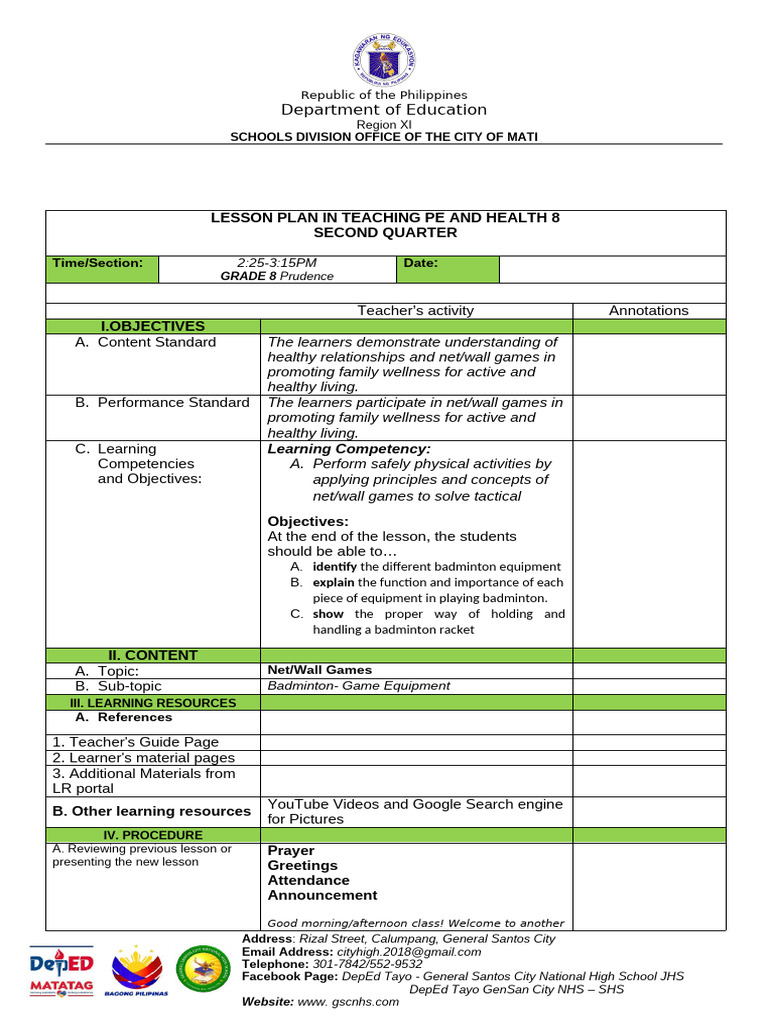 Grade 8 PE & Health Lesson Plan | PDF
