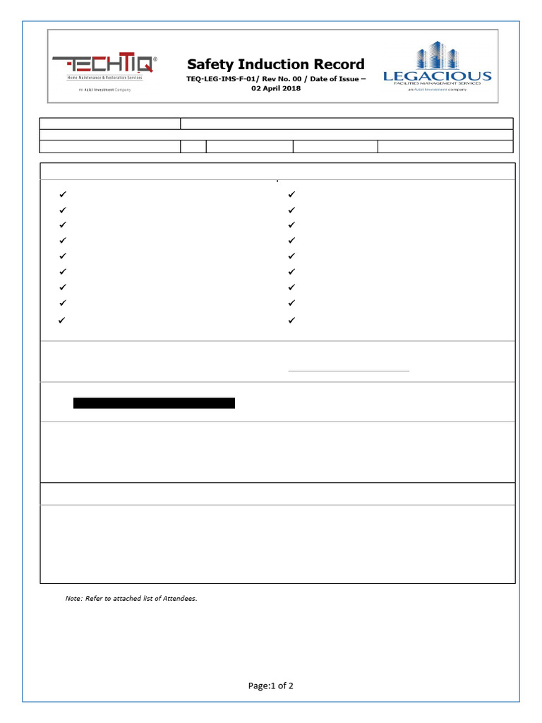 Safety Induction Record Template | PDF | Labor Relations | Workplace