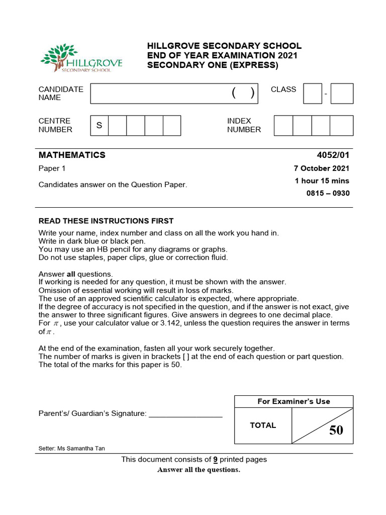 2021 Hillgrove Sec 1E Math Exam Paper | PDF | Mathematics | Arithmetic
