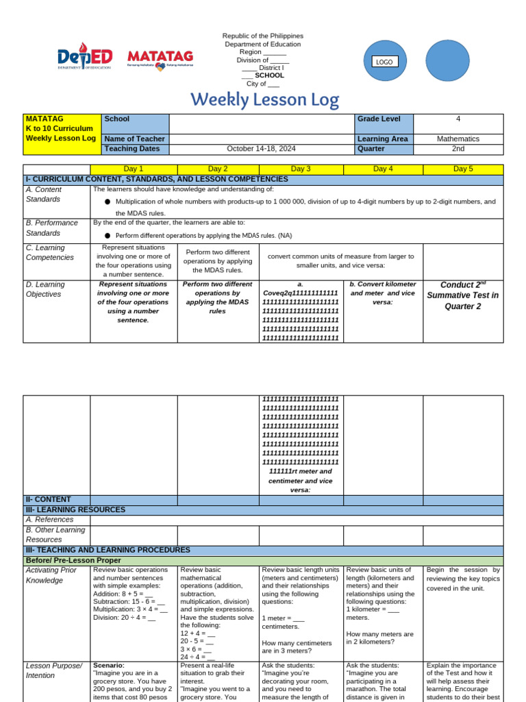 Weekly Lesson Log: Grade 4 Math | PDF | Multiplication | Learning