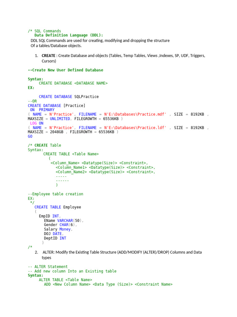 SQL DDL Commands for Database Management | PDF