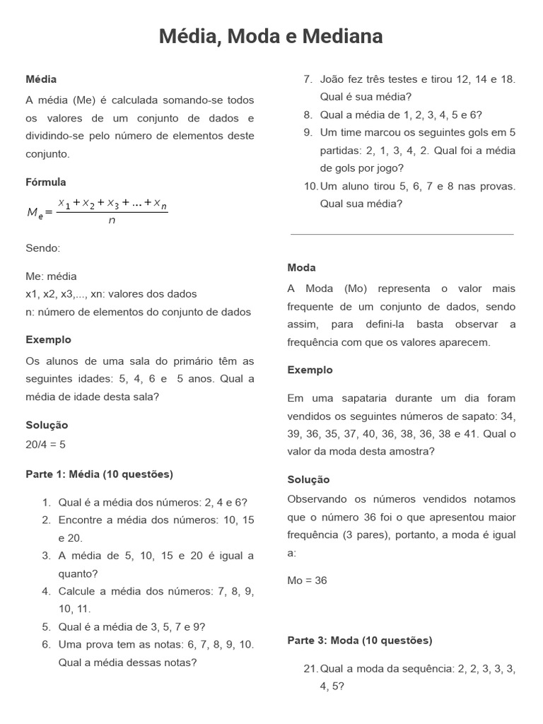 Média, Moda e Mediana: Definições e Exemplos | PDF | Modo (Estatística ...