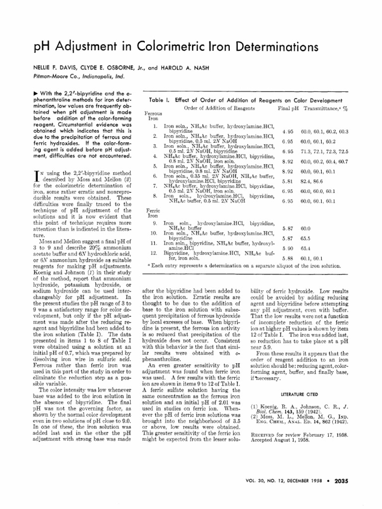 Adjustment in Colorimetric Iron Determinations: Low Is | PDF | Buffer ...
