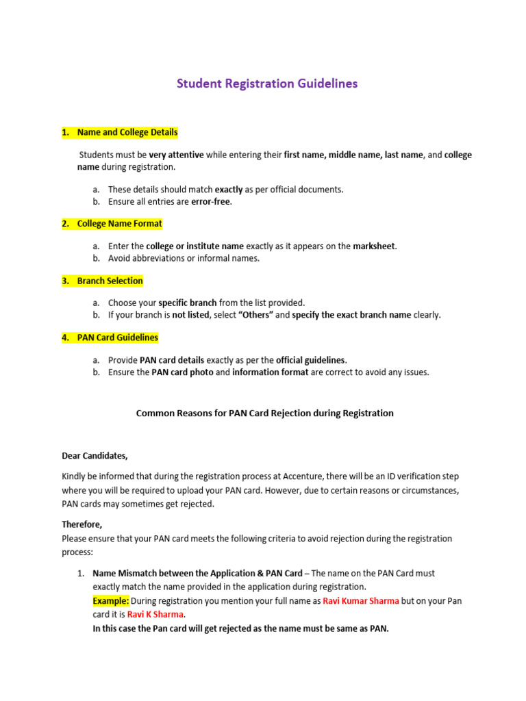 Student Registration PAN Card Guidelines | PDF