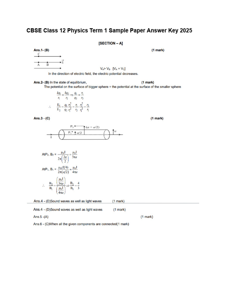 Cbse Class 12 Physics Term 1 Sample Paper Answer Key 2025 | PDF