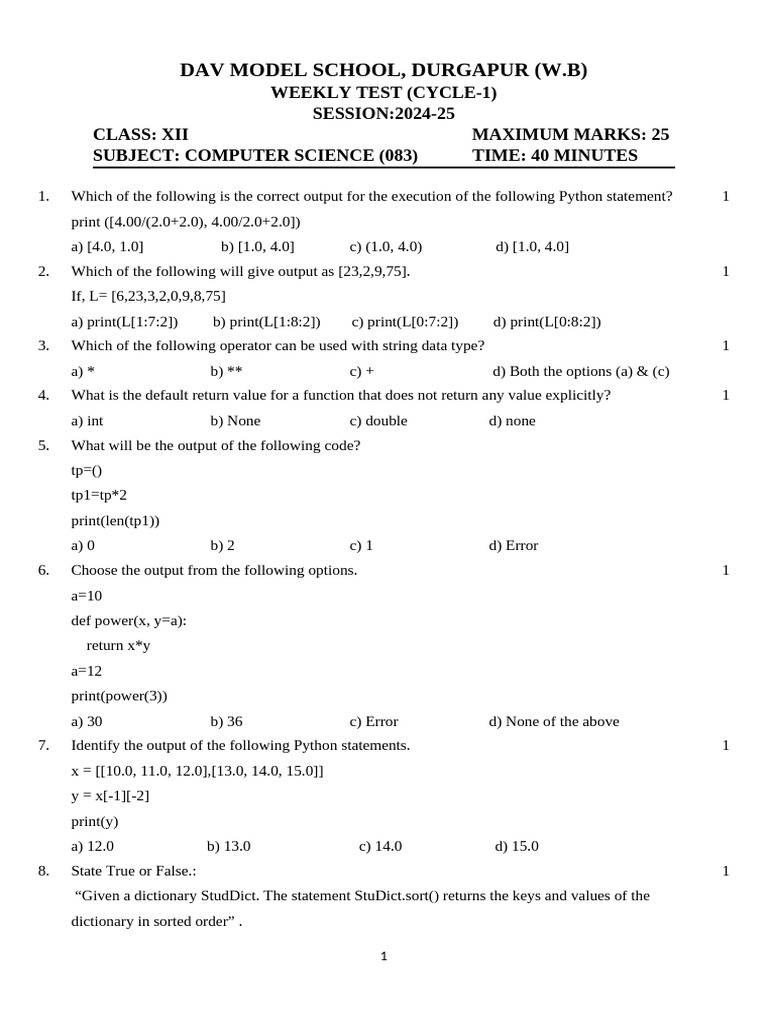 Python Weekly Test for Class XII | PDF | Function (Mathematics ...
