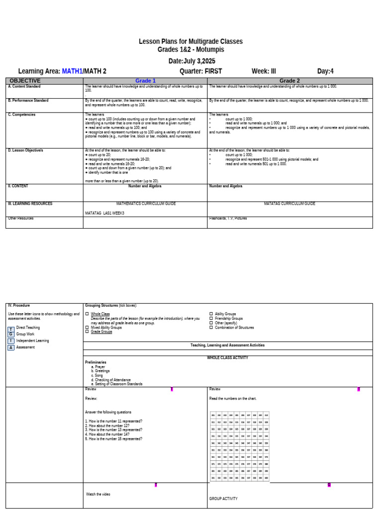 Multigrade Math Lesson Plans: Grades 1-2 | PDF | Learning | Pedagogy