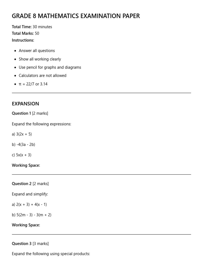 Grade 8 Math Exam: Expansion & Factorization | PDF | Factorization | Area