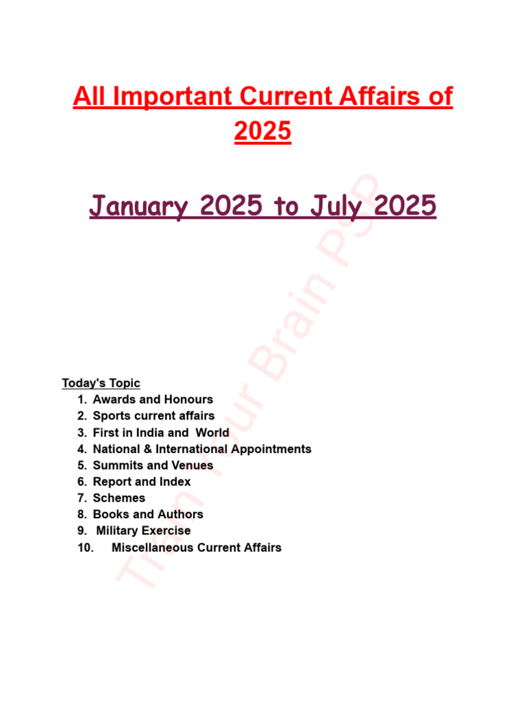 All Important Current Affairs of 2025: January 2025 To July 2025 | PDF