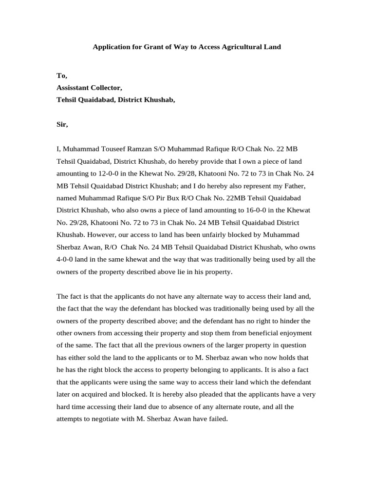 Application For Grant of Way To Access Agricultura | PDF
