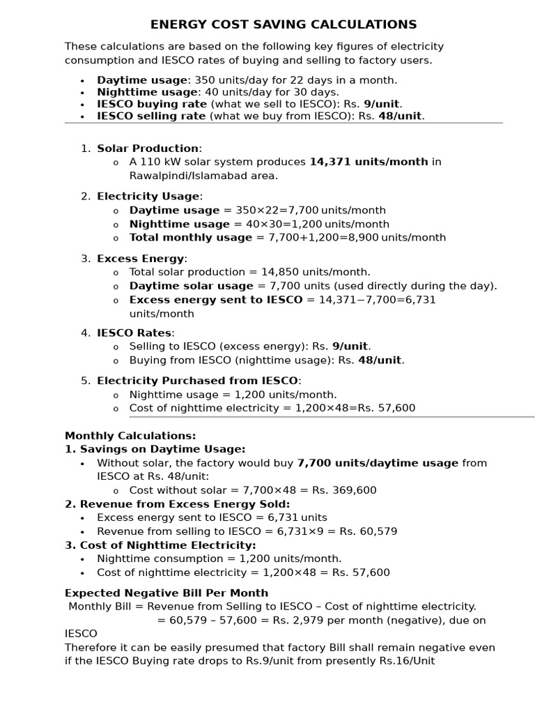 Energy Cost Saving Calculations | PDF