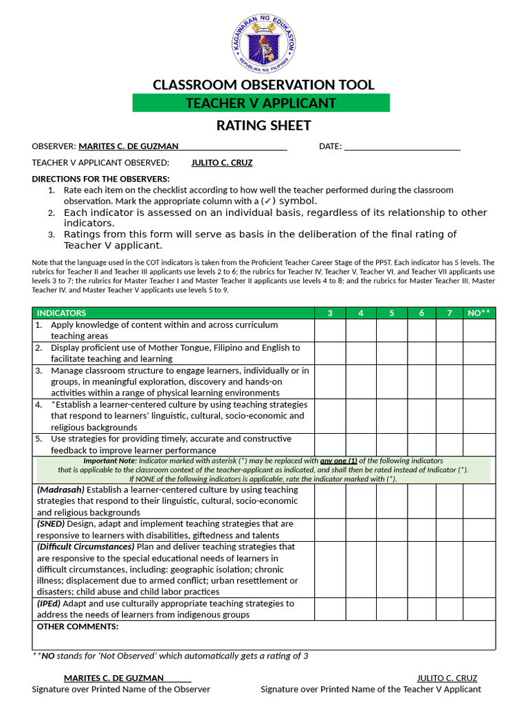 COT-R Rating Sheet Teacher V | PDF | Teachers | Learning