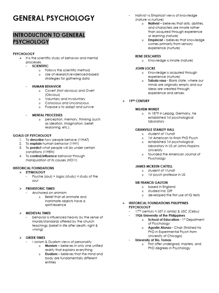Overview of General Psychology Concepts | PDF | Psychology | Prenatal ...