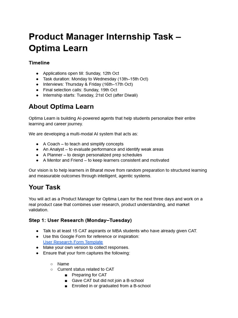 Picture Idea: Product Manager Internship Task Optima Learn Submission