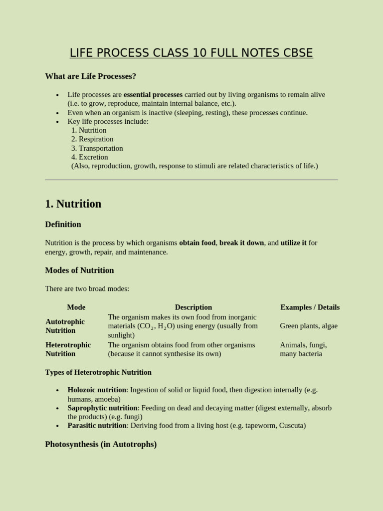 Life Processes Notes for Class 10 CBSE | PDF | Respiratory System ...