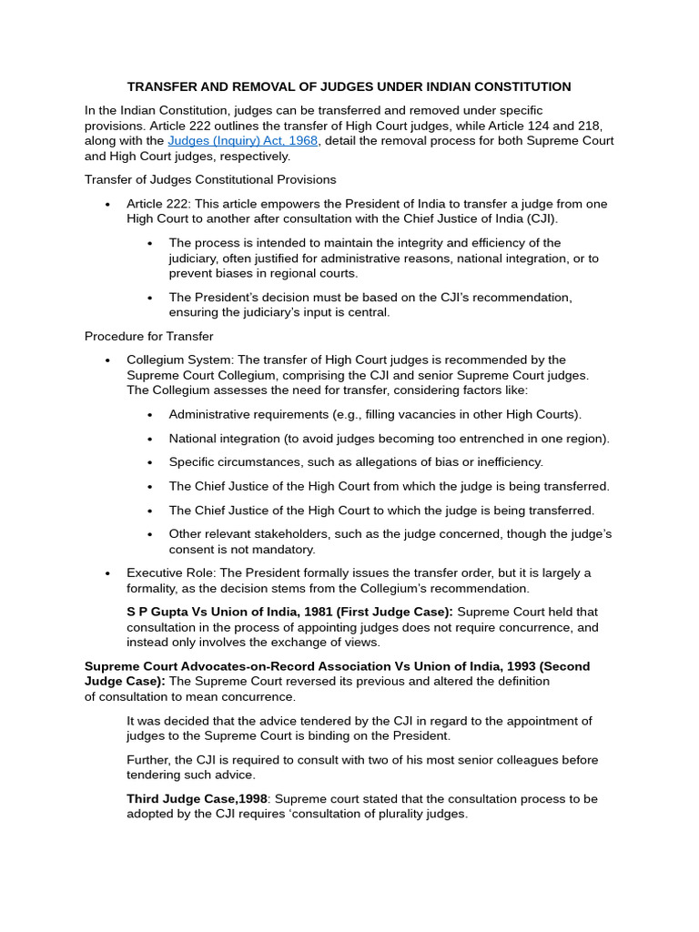 Judges Transfer and Removal in India | PDF | Government Institutions ...