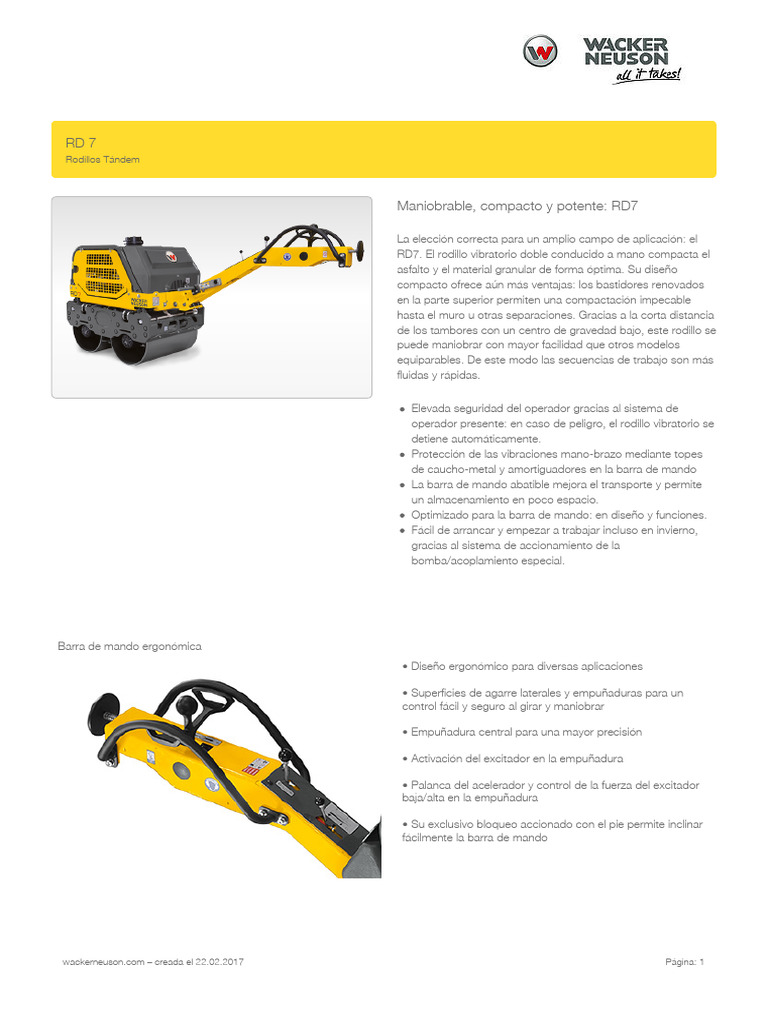Especif. Tecnica Rodillo Doble Tambor RD-7Ye Wacker Neuson | PDF | Agua ...