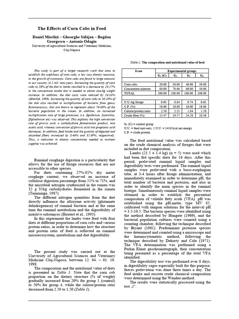 The Effects of Corn Cobs in Feed | PDF