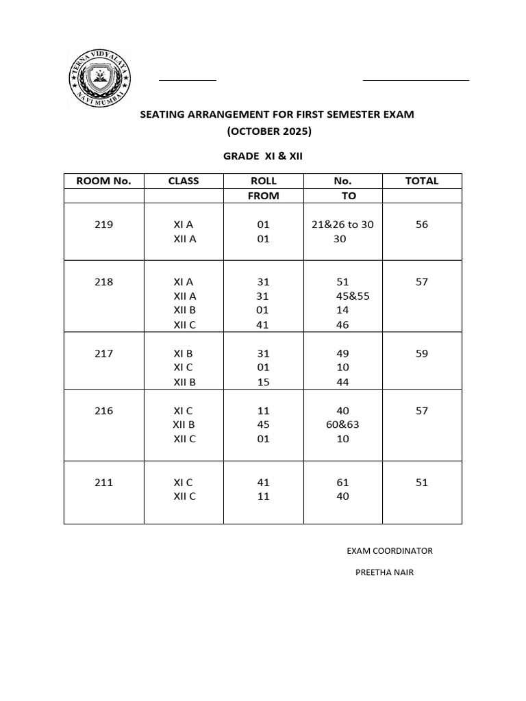 First Semester Exam Seating Plan 2025 | PDF