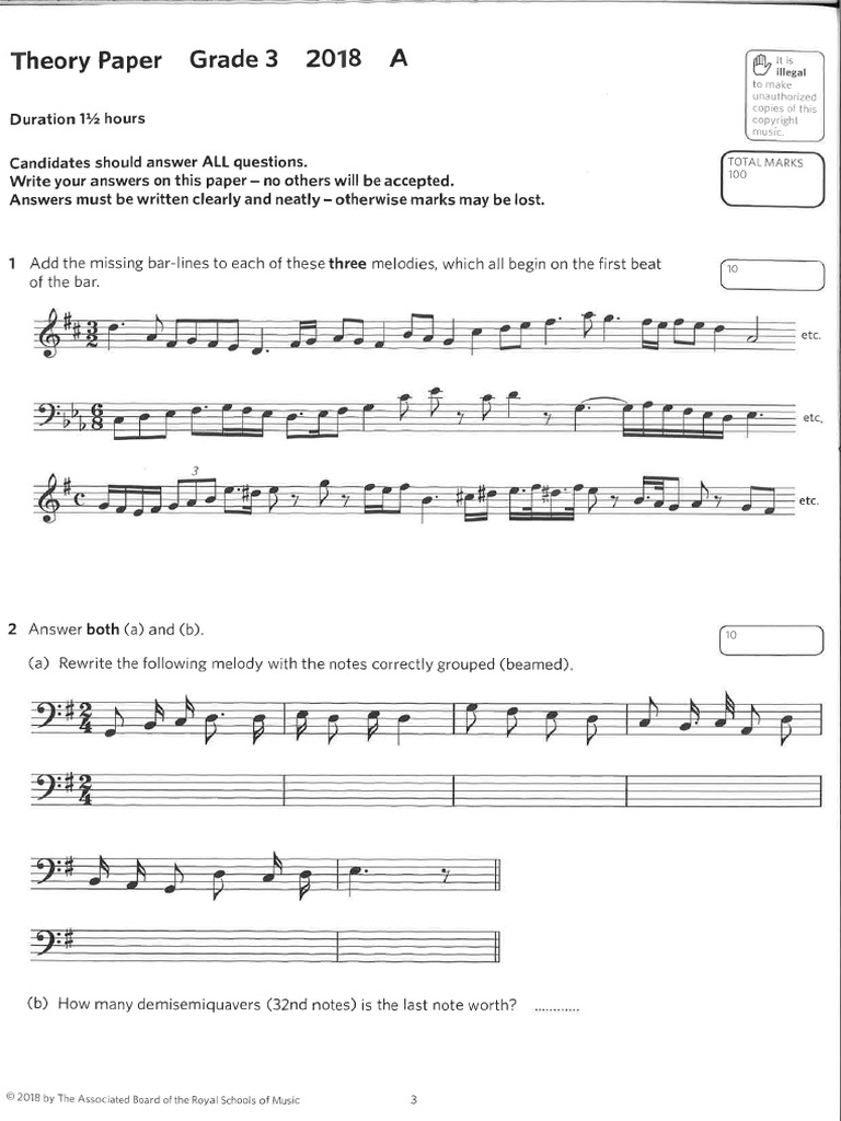 03-06 - ABRSM Music Theory Practice Papers 2018 Grade 3 - A | PDF