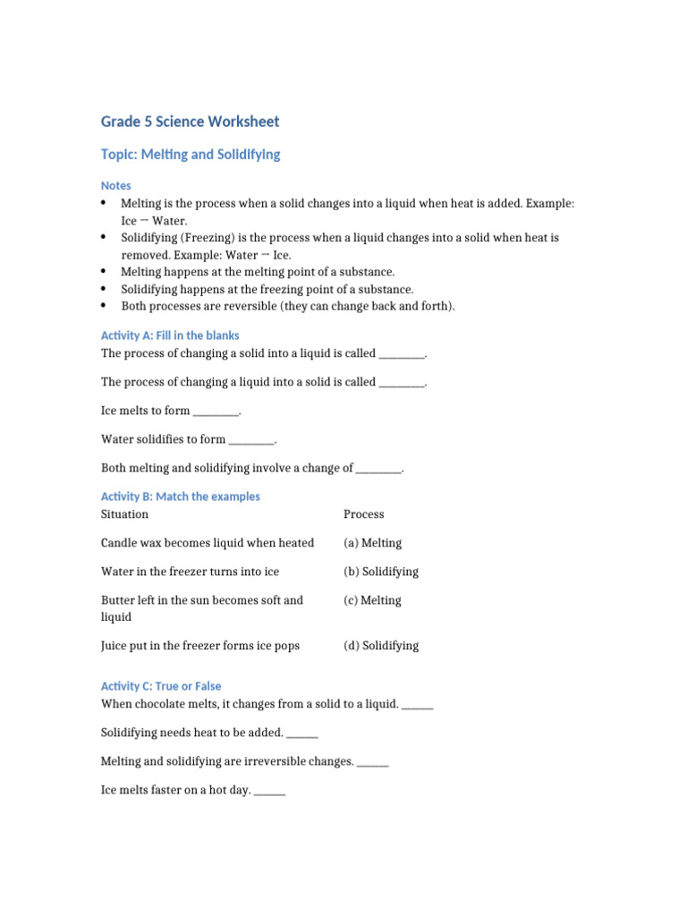 Melting and Solidifying Worksheet | PDF
