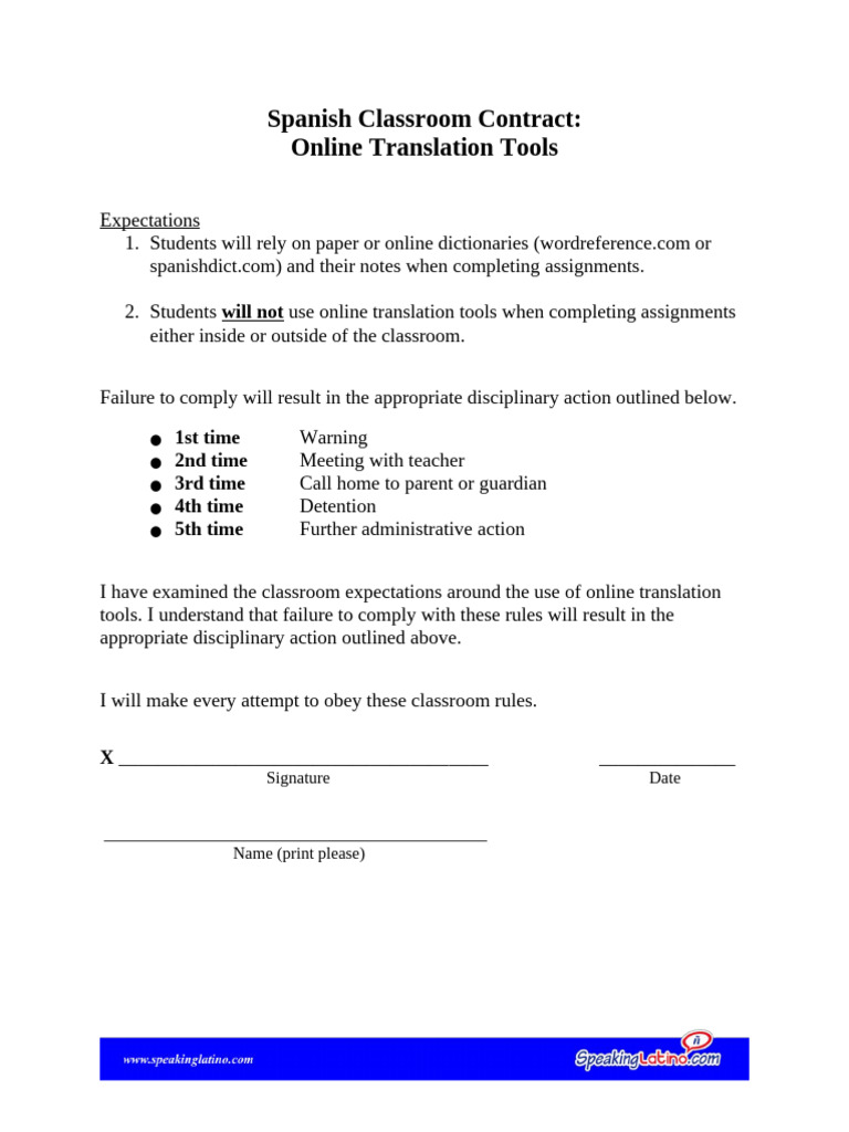Handout 2 - Spanish Classroom Contract - Online Translation Tools | PDF