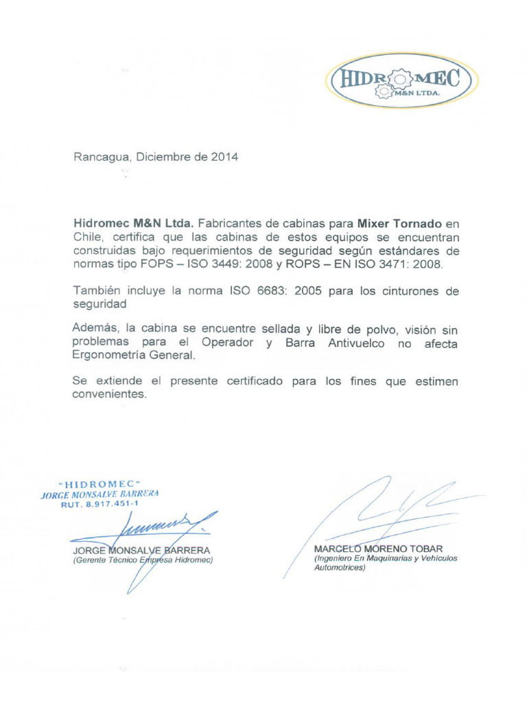 Certificado FOPS-ROPS y Ergonometría Cabina Mixer | PDF