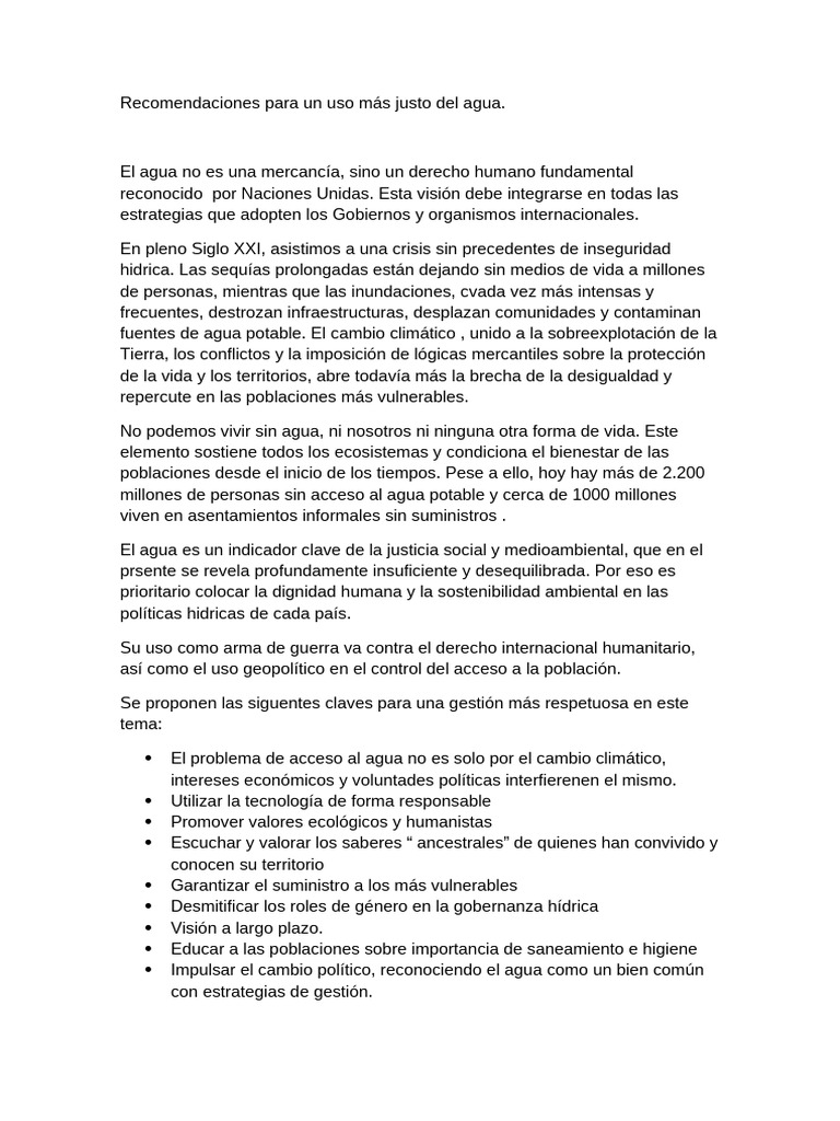 Recomendaciones para Un Uso Más Justo Del Agua | PDF