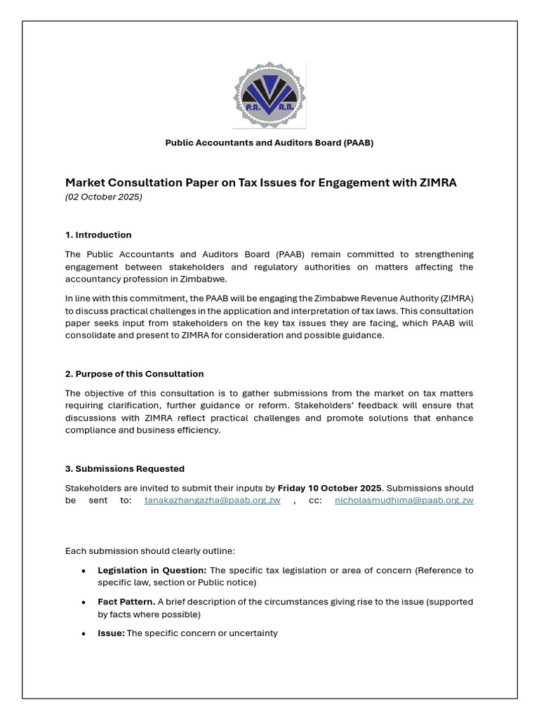 PAAB Market Consultation Paper On Tax Issues For Engagement With ZIMRA ...