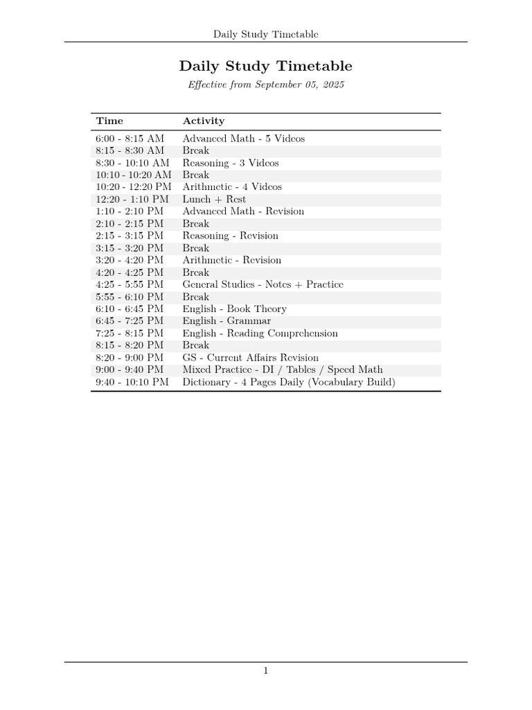 Daily Study Timetable | PDF