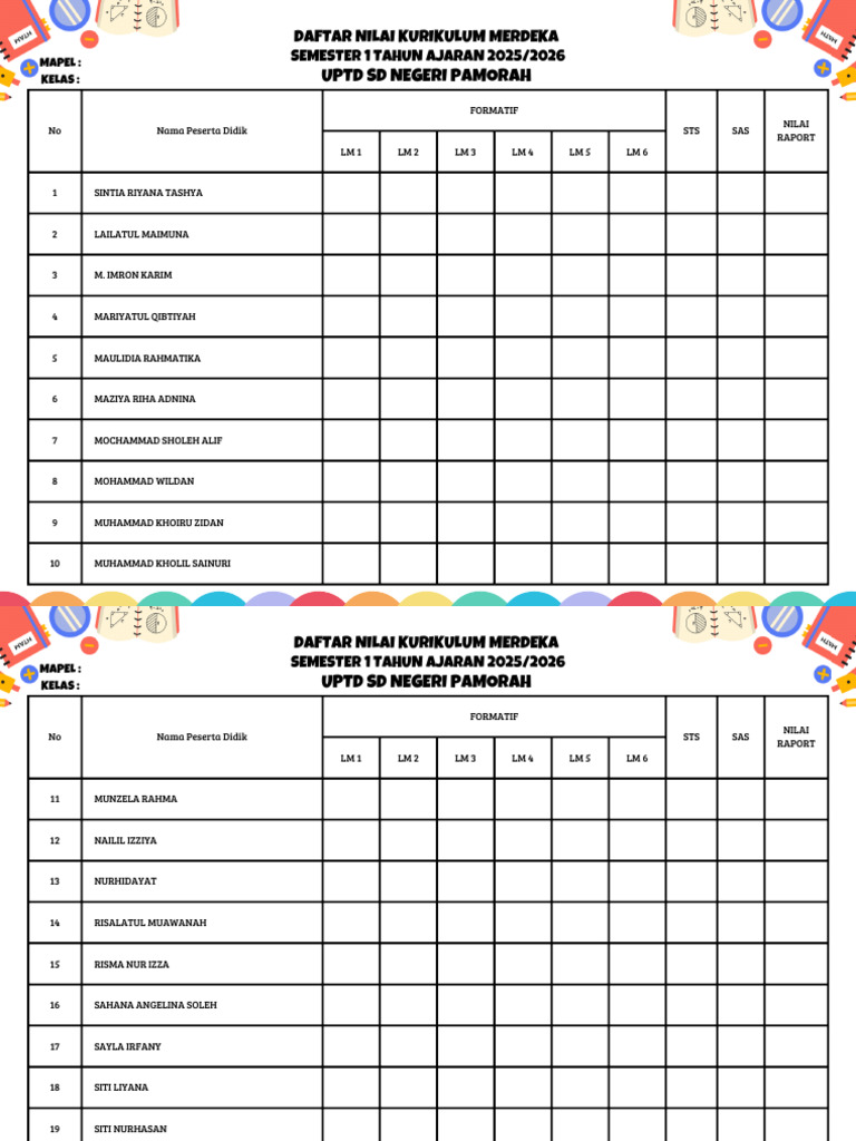 Daftar Nilai Kurikulum Merdeka 2025/2026 | PDF