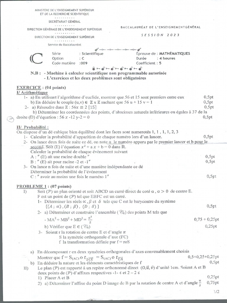 Mathématiques Série C 2023 | PDF