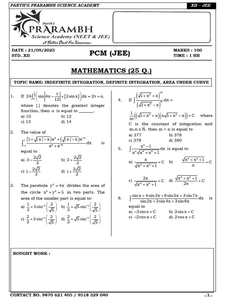 Jee Maths L 1 With Solution Student Copy 21-9-25 | PDF | Function ...