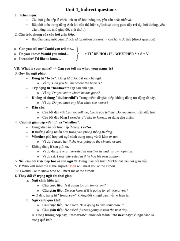 Unit 4 - Grammar - Indirect questions - Lý thuyết | PDF