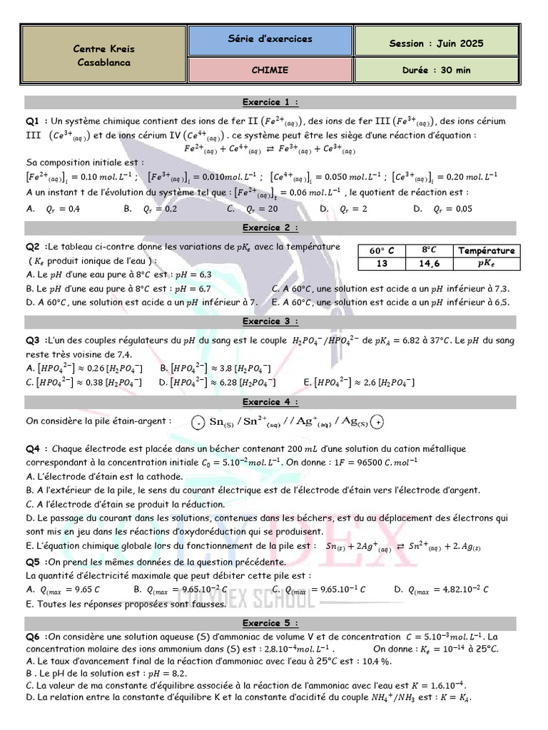 Exercices de Chimie : Réactions et pH | PDF | Acide | Ph