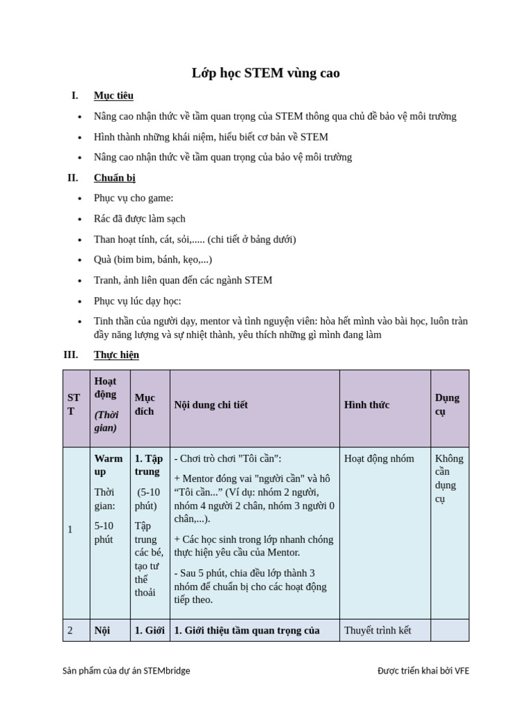 Giáo Án Lớp Học STEM Vùng Cao - STEMbridge x VFE | PDF