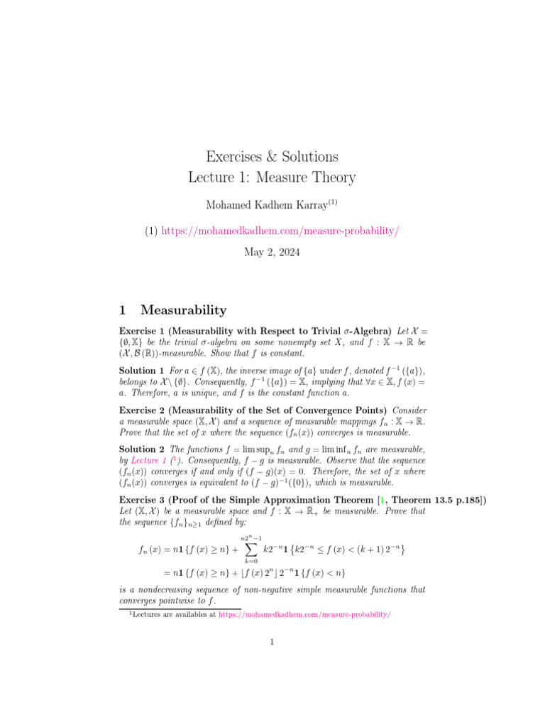 Measure Theory Exercises and Solutions | PDF | Sequence | Mathematical ...