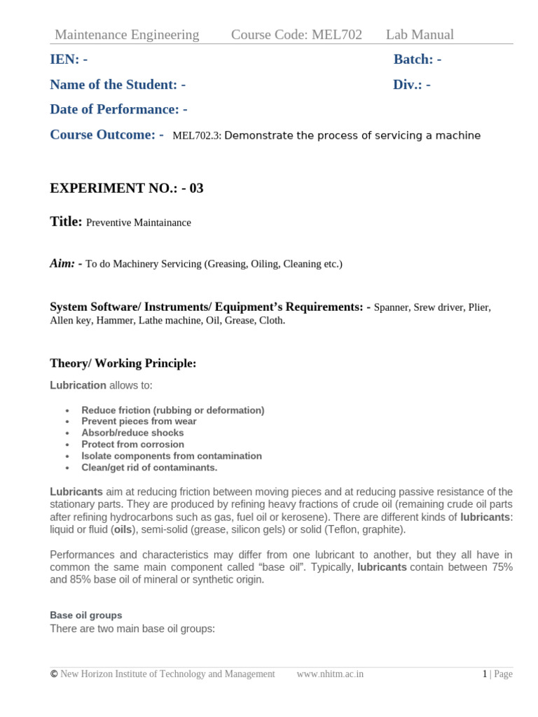 Preventive Maintenance Lab Manual | PDF | Lubricant | Oil