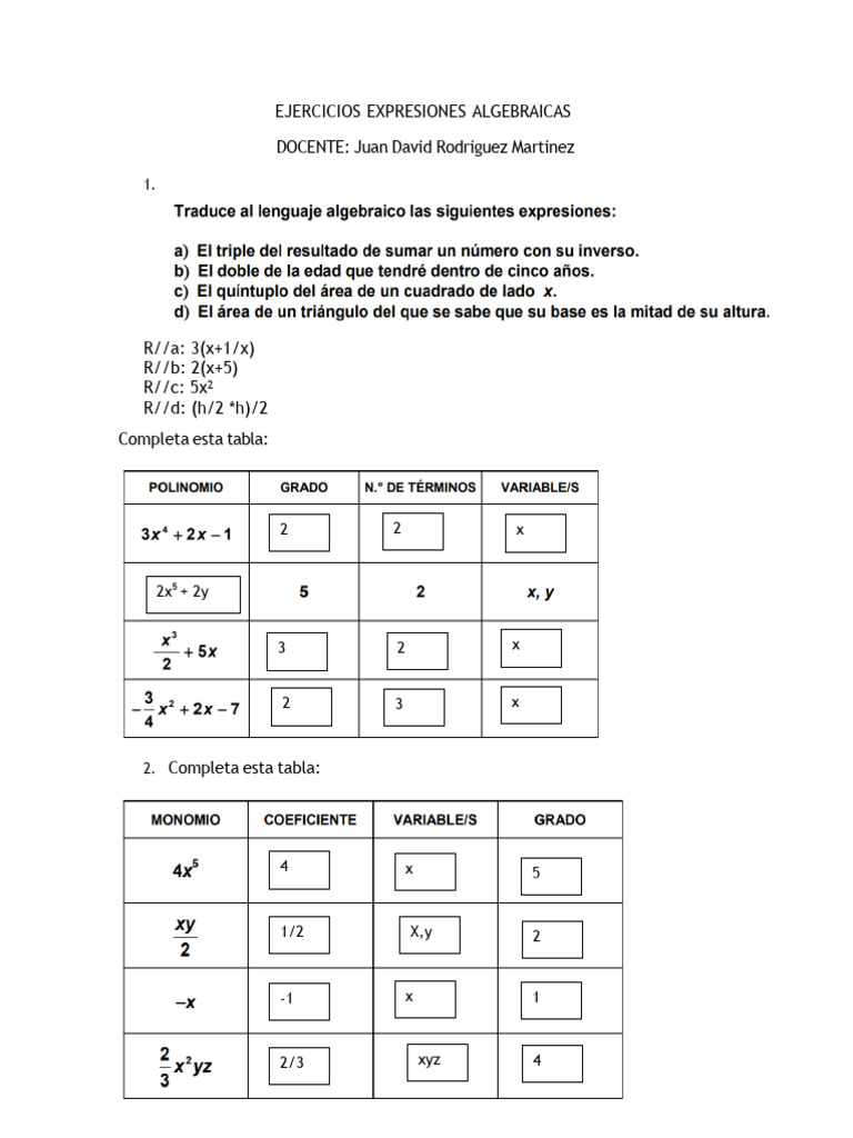 Ejercicios de Expresiones Algebraicas | PDF